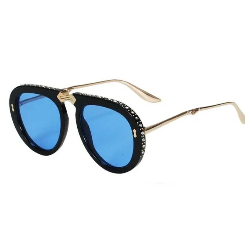 Aviator Sunglasses Blue Lens Rhinestone Accent UV400 Protection Rhinestone Gafas